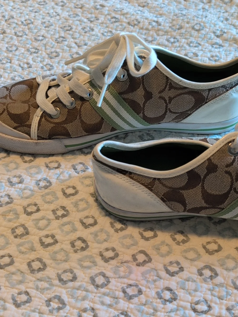 Coach Tan Signature Canvas Sneakers with Green Stripe